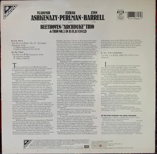 Vladimir Ashkenazy • Itzhak Perlman • Lynn Harrell, Ludwig van Beethoven : "Archduke" Trio & Trio No. 7 In B Flat (1812) (LP, Album)