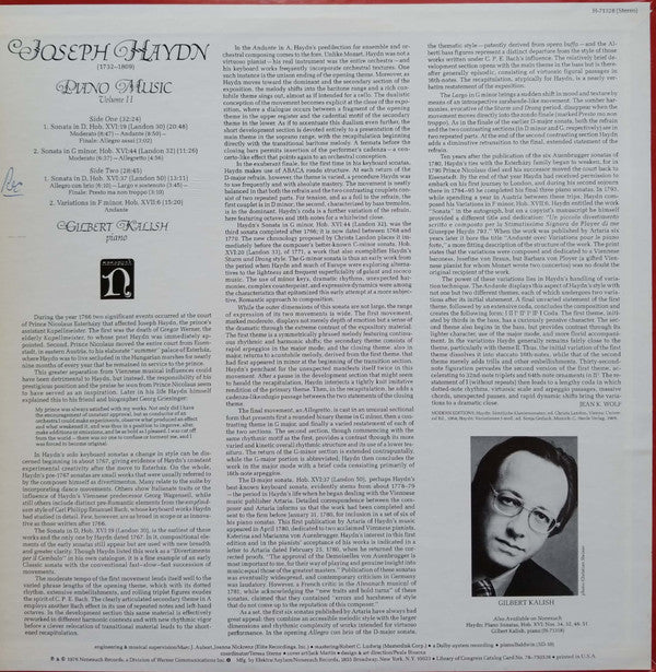 Joseph Haydn - Gilbert Kalish : Piano Music, Volume II (Sonatas, Hob. XVI: Nos. 19, 44, 37 / Variations In F Minor, Hob. XVII:6) (LP)