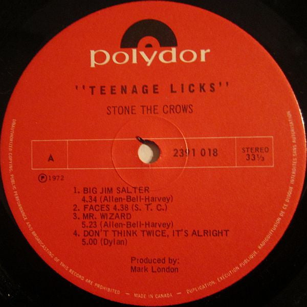 Stone The Crows : Teenage Licks (LP, Album, Gat)