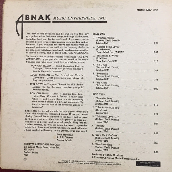 The Five Americans : Western Union / Sound Of Love (LP, Album, Mono)