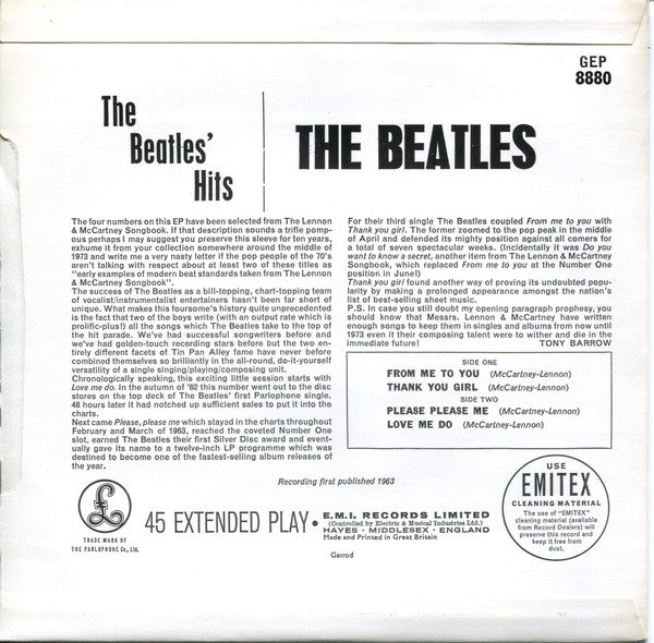 The Beatles : The Beatles' Hits (7", EP, Mono, RP)
