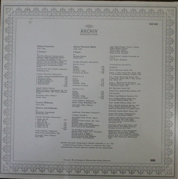 M. Praetorius* · E. Widmann* · J.H. Schein*, Collegium Terpsichore, Fritz Neumeyer : Tanzmusik Der Praetorius Zeit (Dance Music From The Time Of Praetorius) (LP, RE)