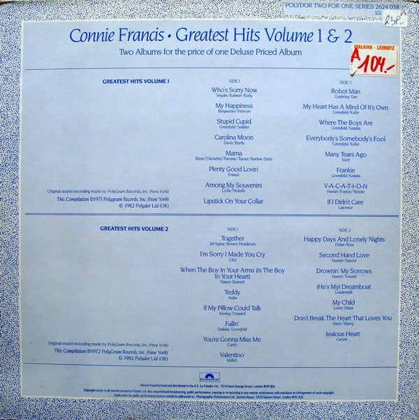 Connie Francis : Greatest Hits Volume 1 & 2 (2xLP, Comp, Mono, Gat)