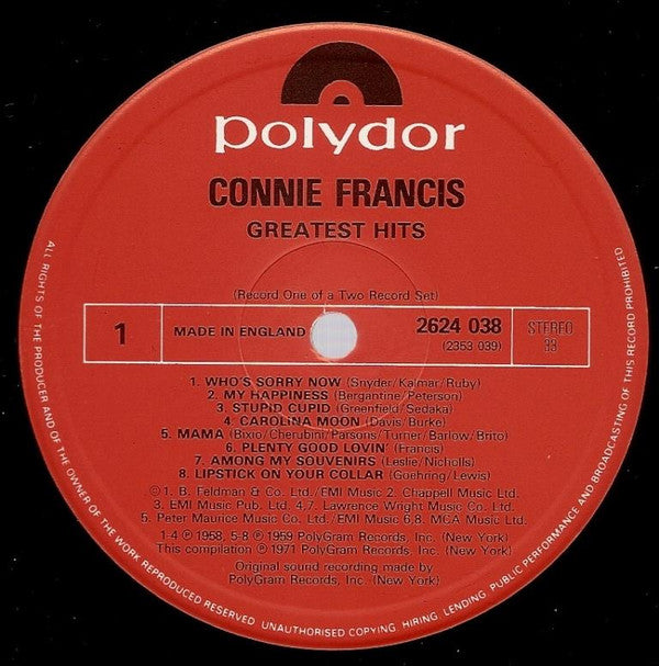 Connie Francis : Greatest Hits Volume 1 & 2 (2xLP, Comp, Mono, Gat)