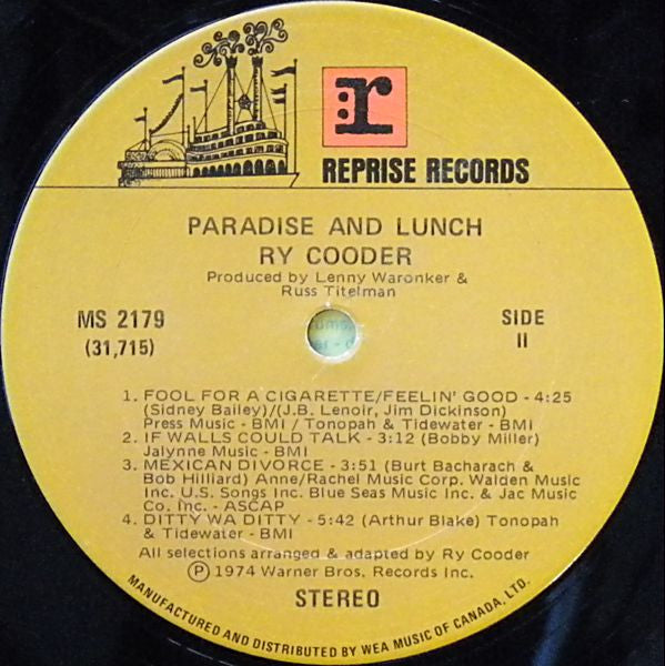 Ry Cooder : Paradise And Lunch (LP, Album)
