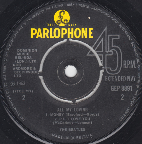 The Beatles : All My Loving (7", EP, Mono, RP)