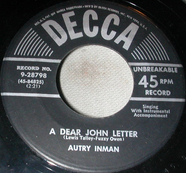 Autry Inman : A Dear John Letter / Brown Eyed Baby (7")