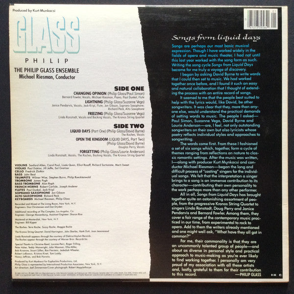 Philip Glass : Songs From Liquid Days (LP, Album)