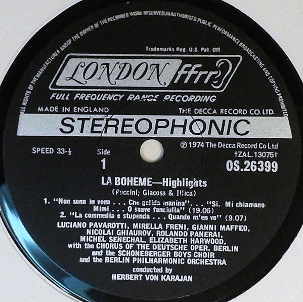 Puccini*, Pavarotti*, Freni*, Ghiaurov*, Harwood*, Panerai*, Maffeo*, Berlin Philharmonic Orchestra*, Herbert von Karajan : La Bohème Highlights (LP)
