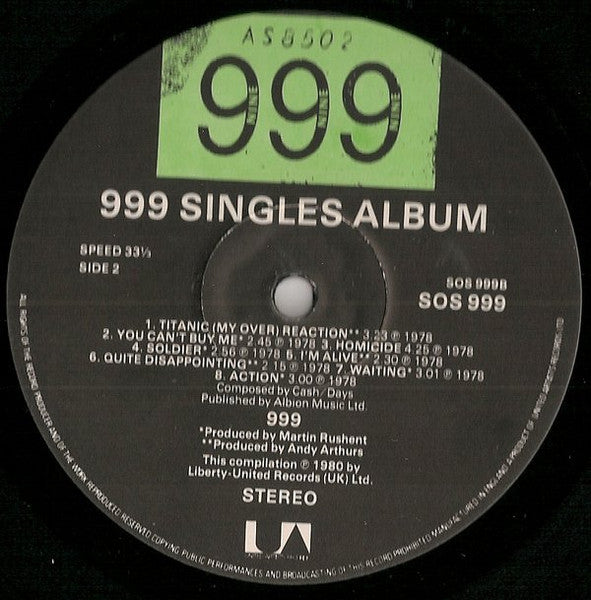 999 : The 999 Singles Album (LP, Comp)