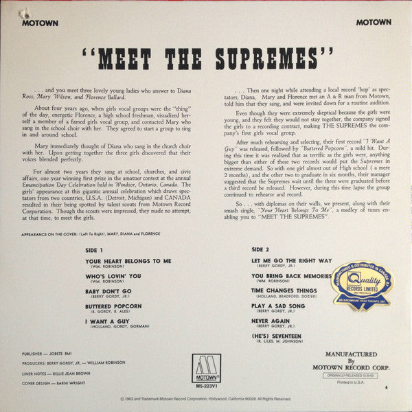 The Supremes : Meet The Supremes (LP, Album, RE)