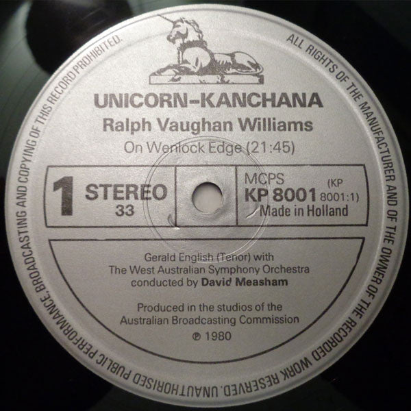Ralph Vaughan Williams, John Ireland - Gerald English, West Australian Symphony Orchestra, David Measham : On Wenlock Edge / Suite: The Overlanders / Epic March (LP)