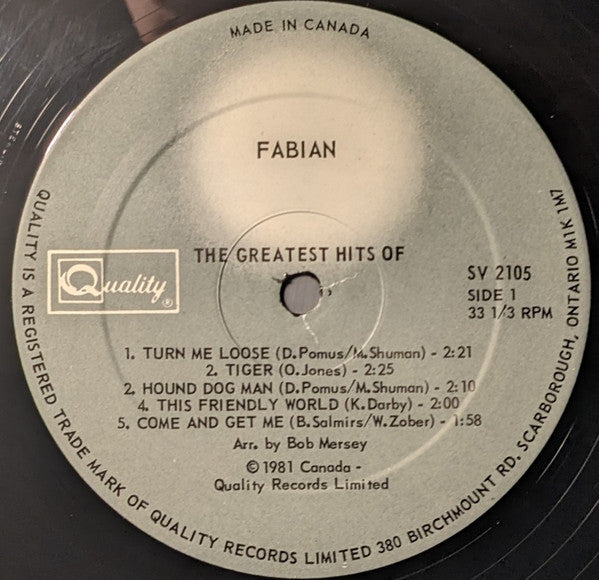 Fabian (6) : The Greatest Hits Of (LP, Comp)
