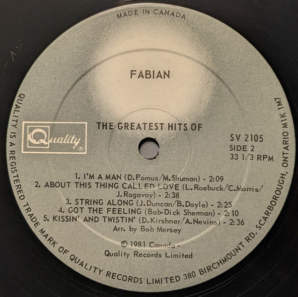 Fabian (6) : The Greatest Hits Of (LP, Comp)