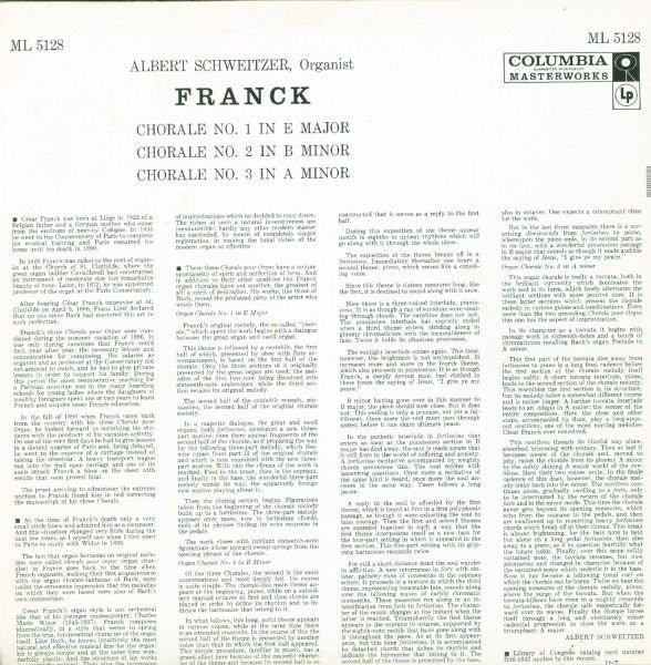 Albert Schweitzer / César Franck : Chorale No. 1 In E Major, Chorale No. 2 In B Minor, Chorale No. 3 In A Minor (LP, Album, Mono)