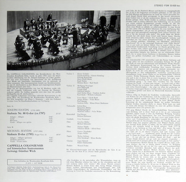Michael Haydn, Joseph Haydn ; Cappella Coloniensis Leitung: Günther Wich : Sinfonie D-dur / Sinfonie Nr. 88 G-dur (LP)