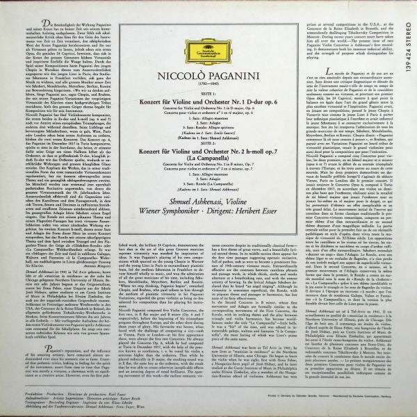 Niccolò Paganini, Shmuel Ashkenasi : Violinkonzerte Nr.1 D-dur (In D Major) • Nr.2 H-moll (In B Minor) (LP)