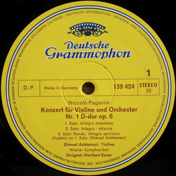 Niccolò Paganini, Shmuel Ashkenasi : Violinkonzerte Nr.1 D-dur (In D Major) • Nr.2 H-moll (In B Minor) (LP)