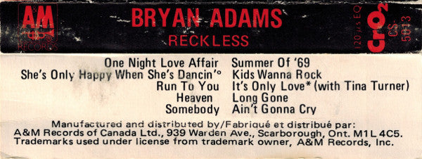 Bryan Adams : Reckless (Cass, Album, Chr)