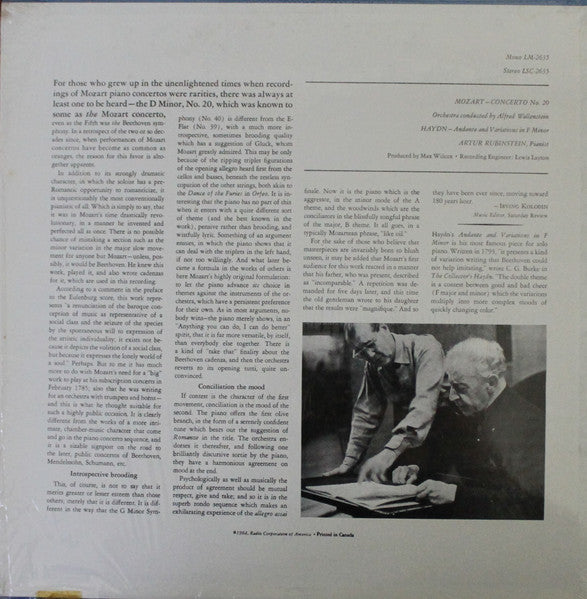Arthur Rubinstein : Mozart: Concerto No. 20 / Haydn: Andante And Variations In F Minor (LP, Mono)