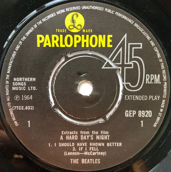 The Beatles : Extracts From The Film A Hard Day's Night (7", EP, Mono, RP)