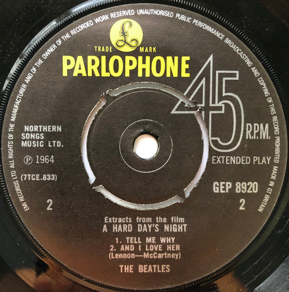The Beatles : Extracts From The Film A Hard Day's Night (7", EP, Mono, RP)