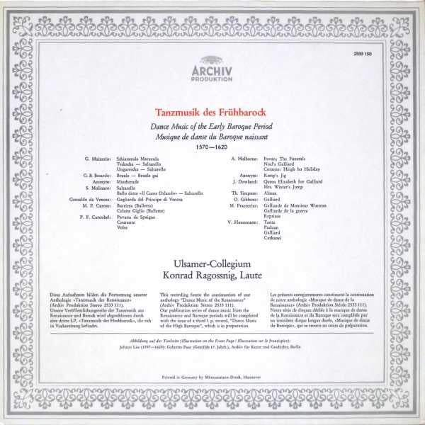 Ulsamer Collegium, Konrad Ragossnig : Tanzmusik Des Frühbarock = Dance Music Of The Early Baroque Period = Musique De Danse Du Baroque Naissant 1570-1620 (LP, Album)