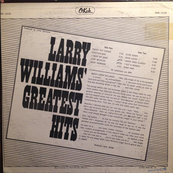 Larry Williams (3) : Larry Williams' Greatest Hits (LP, Album, Mono)