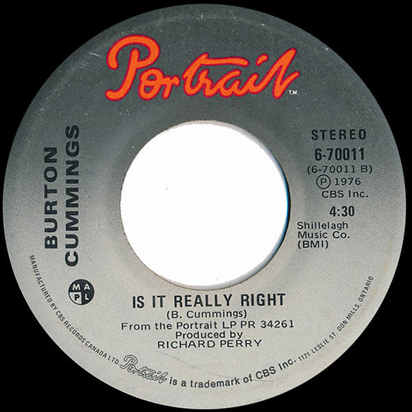Burton Cummings : Your Back Yard / Is It Really Right (7", Single)