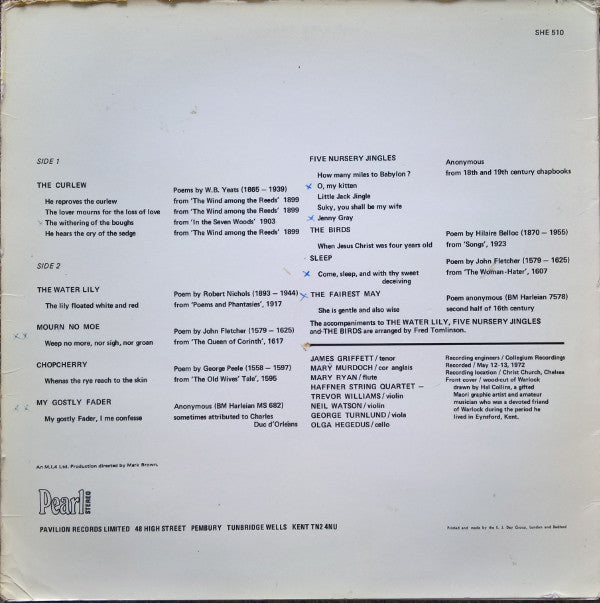 Peter Warlock - James Griffett, Haffner String Quartet, Mary Murdoch, Mary Ryan : The Curlew (And 12 Songs For Solo Voice And Instruments) (LP)