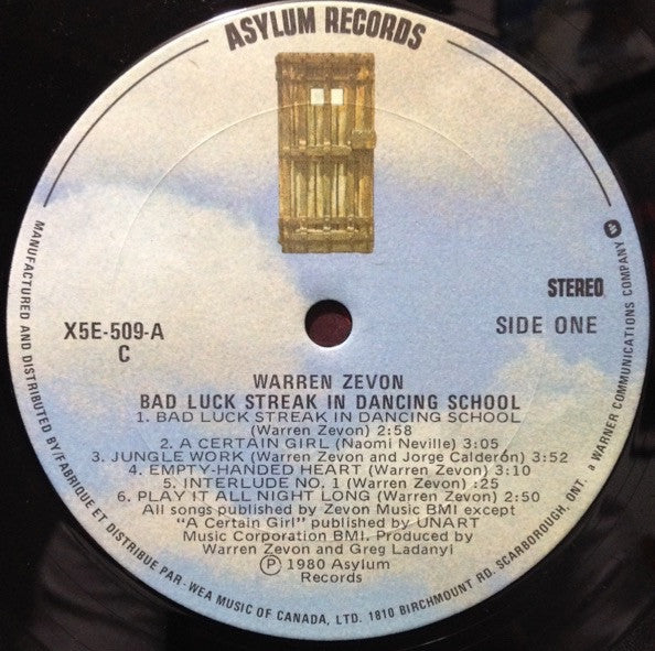 Warren Zevon : Bad Luck Streak In Dancing School (LP, Album, Don)