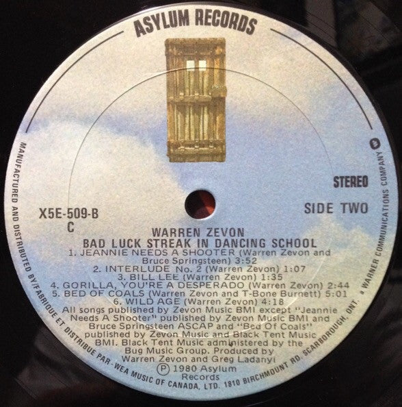 Warren Zevon : Bad Luck Streak In Dancing School (LP, Album, Don)