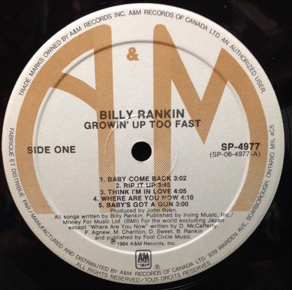 Billy Rankin : Growin' Up Too Fast (LP, Album)