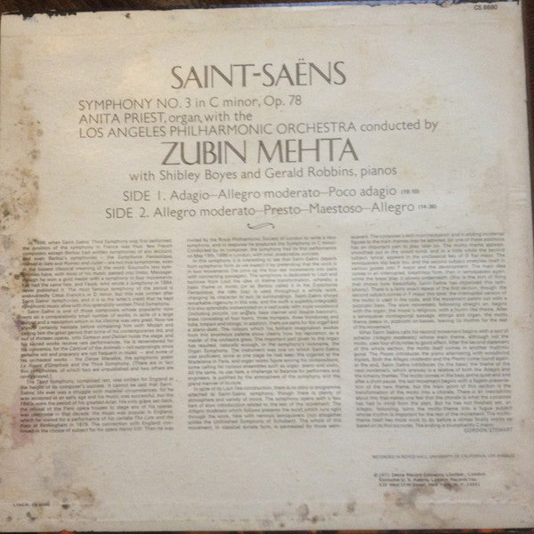 Camille Saint-Saëns, Zubin Mehta, Los Angeles Philharmonic Orchestra, Anita Priest, Shibley Boyes, Gerald Robbins : Symphony No. 3 In C Minor, Op. 78 (LP, Album)