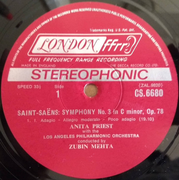 Camille Saint-Saëns, Zubin Mehta, Los Angeles Philharmonic Orchestra, Anita Priest, Shibley Boyes, Gerald Robbins : Symphony No. 3 In C Minor, Op. 78 (LP, Album)