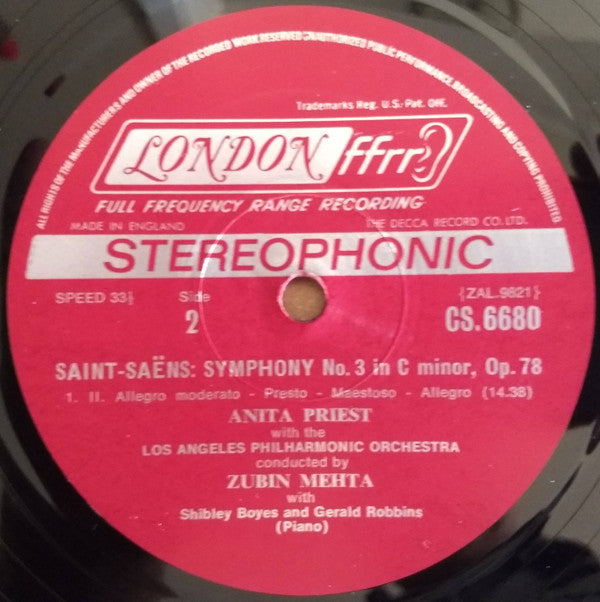 Camille Saint-Saëns, Zubin Mehta, Los Angeles Philharmonic Orchestra, Anita Priest, Shibley Boyes, Gerald Robbins : Symphony No. 3 In C Minor, Op. 78 (LP, Album)