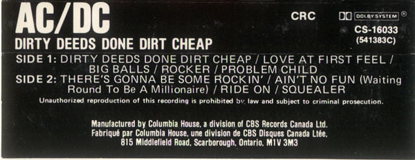 AC/DC : Dirty Deeds Done Dirt Cheap (Cass, Album, Club, RE, Dol)