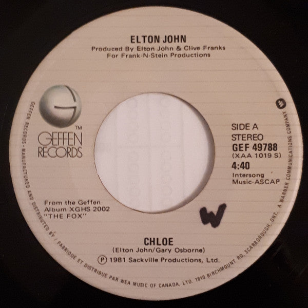 Elton John : Chloe (7", Single)