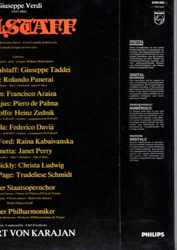 Giuseppe Verdi - Giuseppe Taddei, Rolando Panerai, Francisco Araiza, Raina Kabaivanska • Janet Perry, Christa Ludwig • Trudeliese Schmidt, Wiener Staatsopernchor, Wiener Philharmoniker, Herbert von Karajan : Falstaff (3xLP + Box)