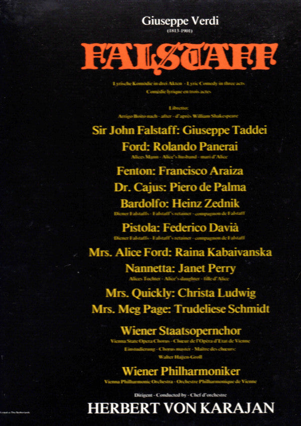 Giuseppe Verdi - Giuseppe Taddei, Rolando Panerai, Francisco Araiza, Raina Kabaivanska • Janet Perry, Christa Ludwig • Trudeliese Schmidt, Wiener Staatsopernchor, Wiener Philharmoniker, Herbert von Karajan : Falstaff (3xLP + Box)