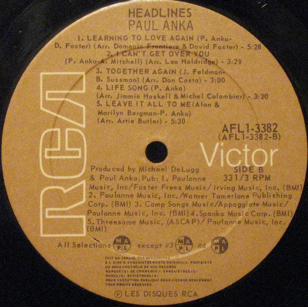 Paul Anka : Headlines (LP, Album)