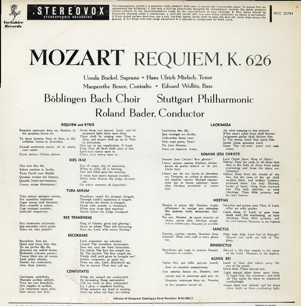 Wolfgang Amadeus Mozart, Ursula Buckel, Margarethe Bence, Hans-Ulrich Mielsch, Eduard Wollitz, Bach Chor, Böblingen, Stuttgarter Philharmoniker, Roland Bader : Requiem (LP, Album, RE)