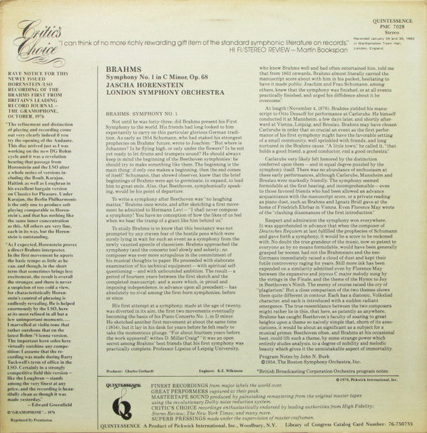 Johannes Brahms, Jascha Horenstein, London Symphony Orchestra : Symphony No. 1 (LP, Album)