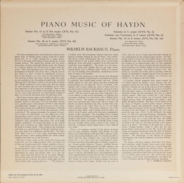 Joseph Haydn, Wilhelm Backhaus : Piano Music Of Haydn (LP, Album, RE, RP)