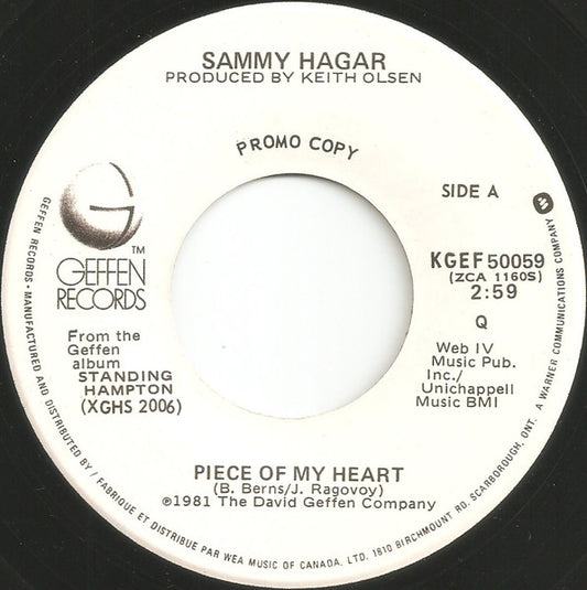 Sammy Hagar : Piece Of My Heart (7", Single, Promo)