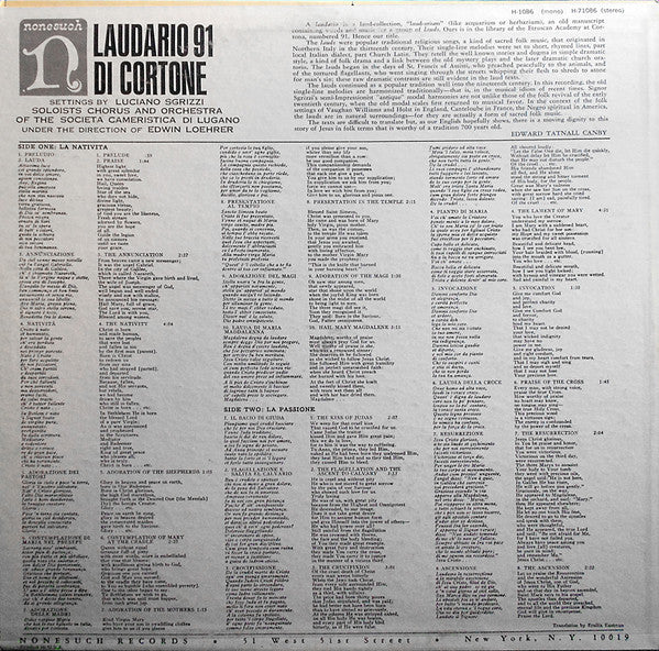 Luciano Sgrizzi, Societa Cameristica Di Lugano Under The Direction Of Edwin Loehrer : Laudario 91 Di Cortone (LP, Album)