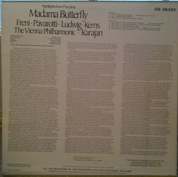Mirella Freni, Luciano Pavarotti, Christa Ludwig, Robert Kerns, Wiener Philharmoniker, Herbert von Karajan : Highlights From Puccini's Madama Butterfly (LP)