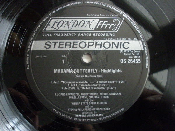 Mirella Freni, Luciano Pavarotti, Christa Ludwig, Robert Kerns, Wiener Philharmoniker, Herbert von Karajan : Highlights From Puccini's Madama Butterfly (LP)