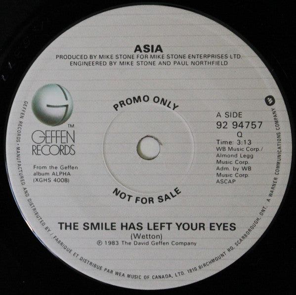 Asia (2) : The Smile Has Left Your Eyes (7", Promo)