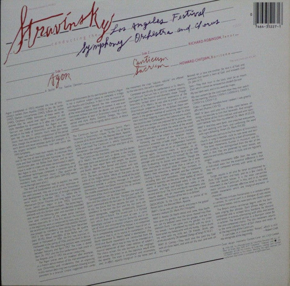 Igor Stravinsky Conducts The Los Angeles Festival Symphony Orchestra : Stravinsky Conducts His Agon And Canticum Sacrum (LP)